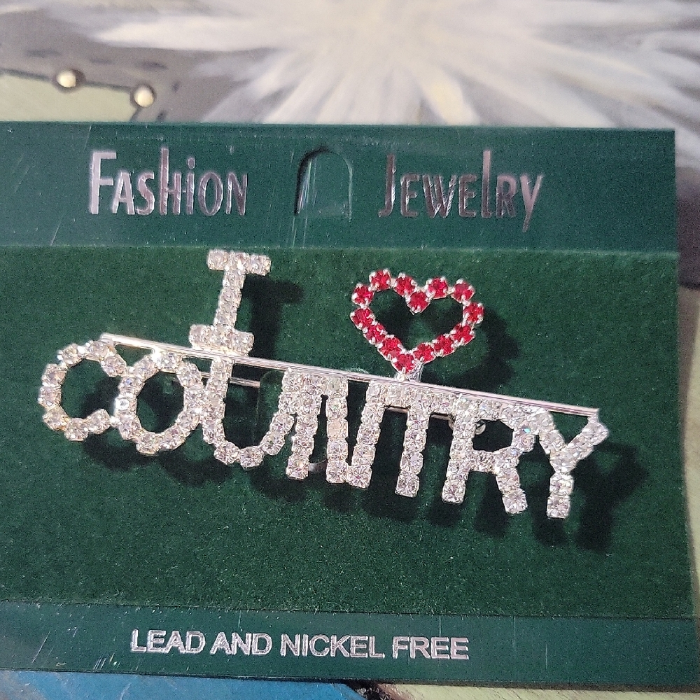Silver Crystal 'I ♥ Country' Brooch with Red Heart